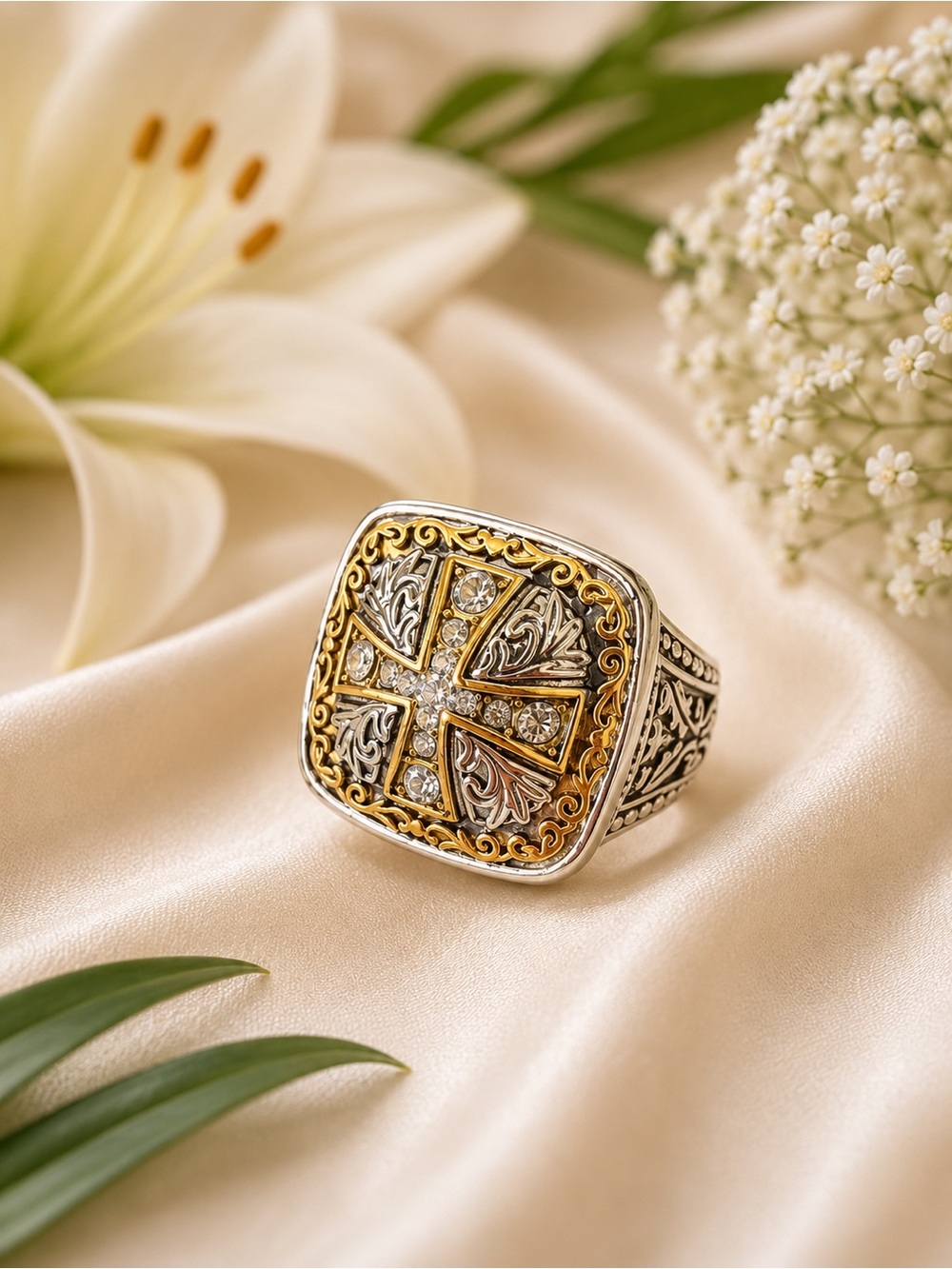 🇨🇦Canada Day Blowout Sale! Two-Tone Ornate Cross Signet Ring with Crystals